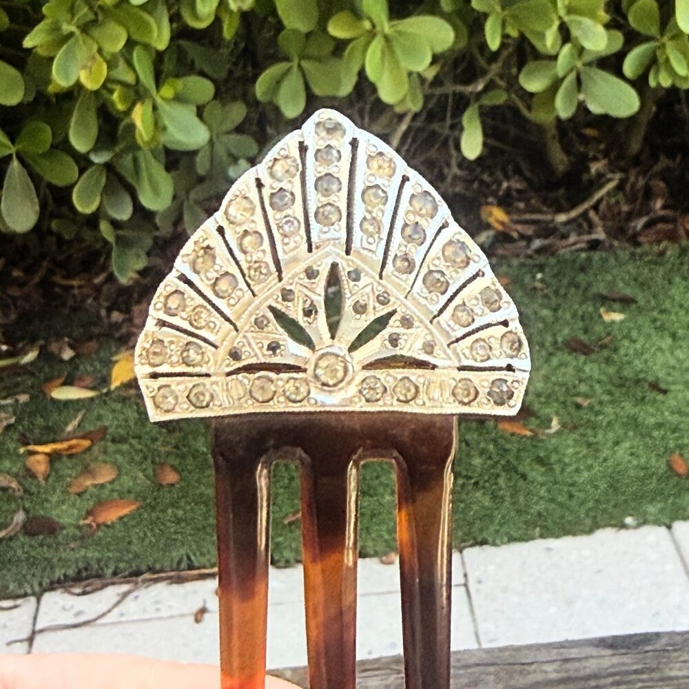 1920s Art Deco Celluloid Silver Rhinestone Hair Clip Comb Vintage Tortoise shell - Picture 4 of 6